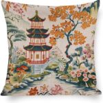 Decorations Pillow Covers Vintage Chinese Pagoda Trees Pillow Covers Chinoiserie Chic Asian Pagoda Decorative Bed Pillows Home Decor Throw Pillows Cover 20″x20″