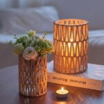 NUPTIO Rattan Boho Hurricane Lanterns: Set of 2 Pillar Candle Holders with Glass Cylinders- Farmhouse Vases for Home Coffee Table Centerpieces Decor