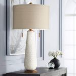 Possini Euro Design Kingston Mid Century Modern Table Lamp 32 3/4″ Tall White Grooved Patterned Ceramic Taupe Drum Shade for Bedroom Living Room House Bedside Nightstand Home Office Entryway Family