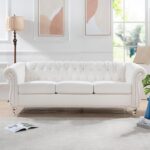 85″ Chesterfield Fabric 3 Seater Couch Furniture,Upholstered Sofa with Tufted Back,Roll Arm Classic Chesterfield Settee Couches for Living Room,Office (White + Polyester, 3-Seater Sofa)