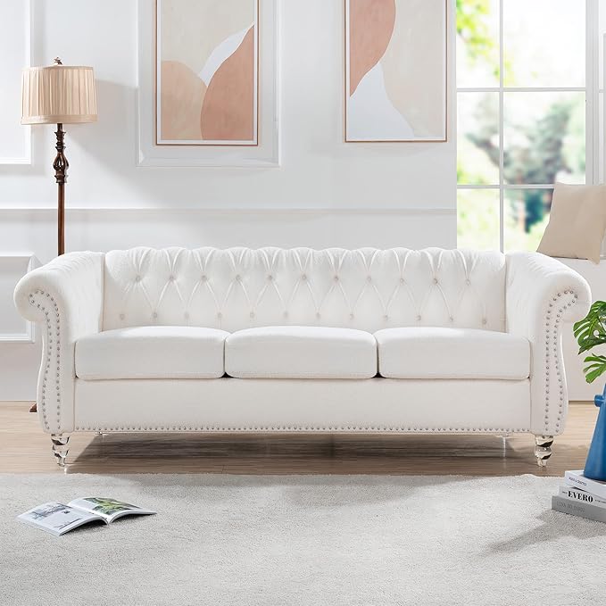 85″ Chesterfield Fabric 3 Seater Couch Furniture,Upholstered Sofa with Tufted Back,Roll Arm Classic Chesterfield Settee Couches for Living Room,Office (White + Polyester, 3-Seater Sofa) 85″ Chesterfield Fabric 3 Seater Couch Furniture,Upholstered Sofa with Tufted Back,Roll Arm Classic Chesterfield Settee Couches for Living Room,Office (White + Polyester, 3-Seater Sofa)
