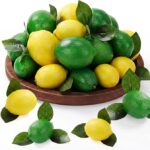 36 Pcs Fake Lemons 3.5 Inch and 2.8 Inch Yellow Green Artificial Lemons, 36 Pcs Faux Lemon Leaves, Lifelike Simulation Fake Fruit for Kitchen Table Cabinet Holiday Party Photography Props Decor
