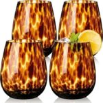 Tortoise Shell Stemless Wine Glasses Set of 4, Brown Decorative Tumbler Cups for Wine & Drinks， Stemless Drinking Glasses for Wedding Gifts, Housewarming, 15oz