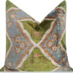 Handmade Velvet Throw Pillow with Geometric Ikat Design – Premium Down Feather Insert – Green, Blue, and Natural Colors – 20×20 Inch Decorative Accent Cushion for Living Room, Sofa, or Bedroom
