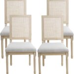 chairus Farmhouse Dining Chairs Set of 4, Rectangle Rattan Back French Country Dining Room Chairs Vintage Fabric Upholstered Chair with Rustic Wood Legs, Light Gray 4 PCS
