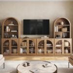 BELLEZE 4 Piece Modular TV Stand Entertainment Center with Storage, Modern Wood 2 Display Cases with Arched Hutch and 2 Glass Door Cabinets with Shelf, Media Console for Living Room, Camel