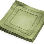 Linen Cocktail Napkins 6 x 6 inch – 100% Pure Linen Olive Green Napkins Cloth with Embroidered Dot Set of 12 – Hemstitch Coaster Napkin Washable for Summer