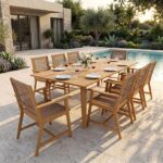 Sophia & William Outdoor Dining Set, Patio Furniture Set with Table and Chairs Set Wooden, Rattan Furniture Set of 8 Chairs and 1 Acacia Wood Rectangular Table for Yard, Garden, Porch and Poolside