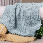 Carriediosa Chunky Knit Throw Blanket 50″ X 60″, 100% Hand Made Large Chenille Loop Yarn Soft Fluffy Throws for Couch Sofa Bed, Big Crochet Cozy Heavy Thick Cable Woven Blanket, Light Blue