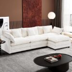 Ihanherry 111.4″ L Shaped Modern Sofa Modular Sectional Cloud Couch with Ottoman, 4-Seat Chenille Deep Seat Sofa with Pillow for Living Room, Bedroom and Apartment, Beige