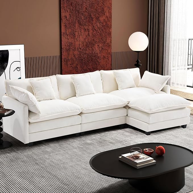 Ihanherry 111.4″ L Shaped Modern Sofa Modular Sectional Cloud Couch with Ottoman, 4-Seat Chenille Deep Seat Sofa with Pillow for Living Room, Bedroom and Apartment, Beige Ihanherry 111.4″ L Shaped Modern Sofa Modular Sectional Cloud Couch with Ottoman, 4-Seat Chenille Deep Seat Sofa with Pillow for Living Room, Bedroom and Apartment, Beige