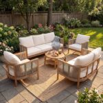 Christopher Knight Home 5-Piece Acacia Wood Patio Furniture Set with Coffee Table, 7 Seater Outdoor Conversation Sofa Set, Patio Sectional Chat Set for Backyard Balcony, Teak+ Beige