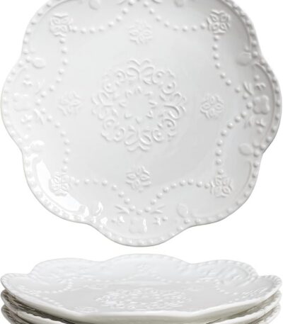 Gaolinci European Palace Series Lace Embossed Ceramic Dinner Plate (Set of 4)