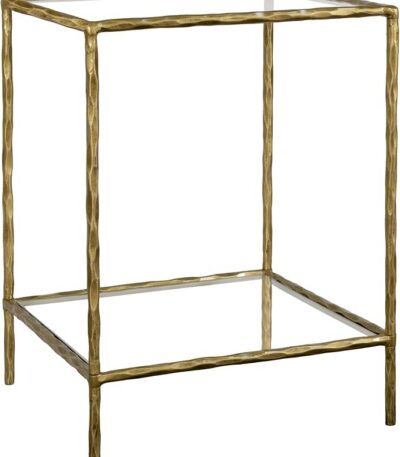 BEGINS Hand Forged Side Table 2 Tier, Vintage End Table Glass Top Coffee Table, Accent Table with Solid Hammered Frame, Suitable for Living Room, Bedroom, Study Room, Entryway (Gold, Square)