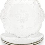 Tebery Set of 4 Ceramic Dinner Plate, 10.5 Inch Large Embossed Lace Salad Serving Plates, Elegant Appetizer Dessert Dishes for Wedding, Party, Restaurant, Kitchen, Microwave Dishwasher Safe, White