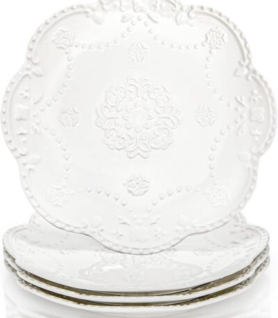 Tebery Set of 4 Ceramic Dinner Plate, 10.5 Inch Large Embossed Lace Salad Serving Plates, Elegant Appetizer Dessert Dishes for Wedding, Party, Restaurant, Kitchen, Microwave Dishwasher Safe, White