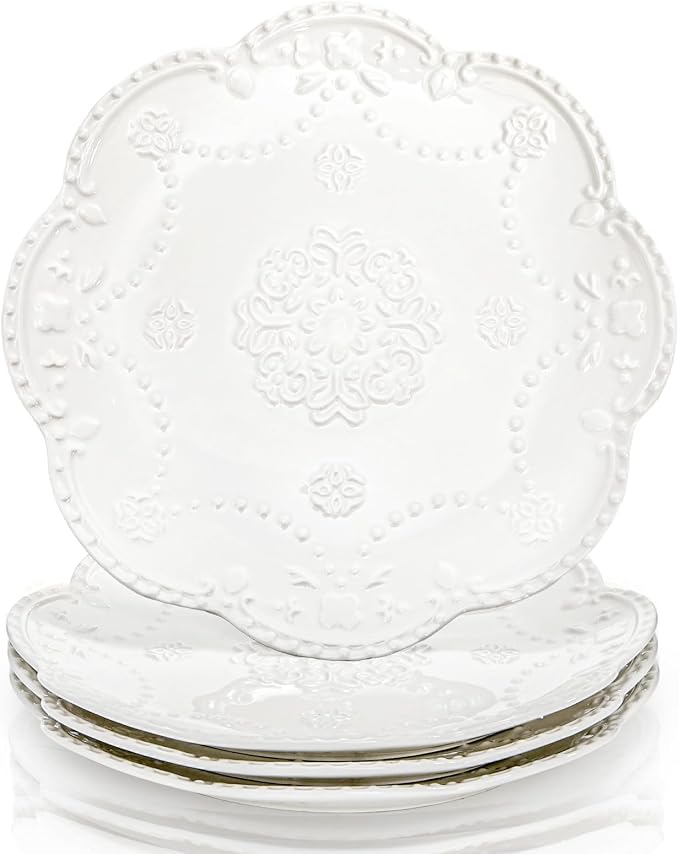 Tebery Set of 4 Ceramic Dinner Plate, 10.5 Inch Large Embossed Lace Salad Serving Plates, Elegant Appetizer Dessert Dishes for Wedding, Party, Restaurant, Kitchen, Microwave Dishwasher Safe, White