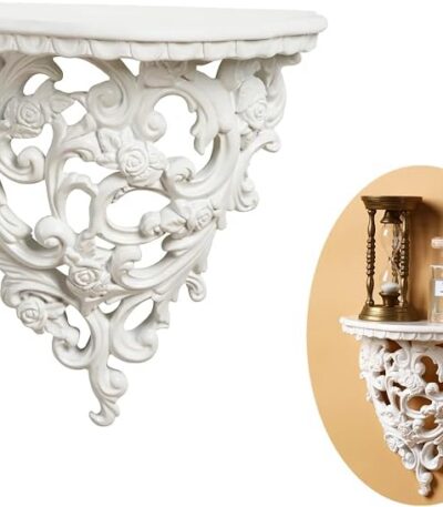 Z metnal Small Victorian Decorative Floating Shelves, Wall Mounted Decor Shelves, Classic Wall Display Organizer, Retro Hollow Carving Art Ornament Rack, Baroque Style Decorative Stand, White, Resin