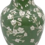 Galt International Floral Chinoiserie Ceramic Vase 14″ – Green Sakura Hand Painted Antique Style Porcelain Flower Bottle Fishtail Porcelain Chinese Vase for Home Decor Centerpiece