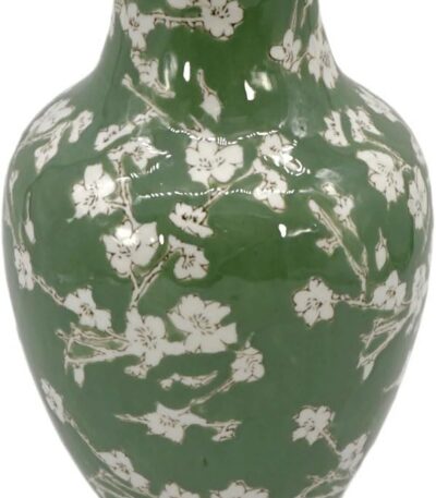 Galt International Floral Chinoiserie Ceramic Vase 14″ – Green Sakura Hand Painted Antique Style Porcelain Flower Bottle Fishtail Porcelain Chinese Vase for Home Decor Centerpiece