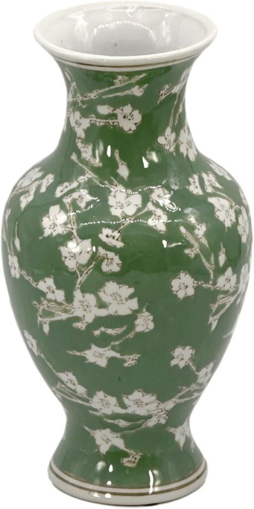 Galt International Floral Chinoiserie Ceramic Vase 14″ – Green Sakura Hand Painted Antique Style Porcelain Flower Bottle Fishtail Porcelain Chinese Vase for Home Decor Centerpiece