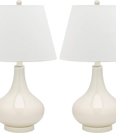 SAFAVIEH Lighting – Amy 24″ White Glass Gourd Table Lamp Set of 2 with White Shades, Modern Contemporary Bedroom Living Room Lighting, LED Bulbs Included (LIT4087A-SET2)