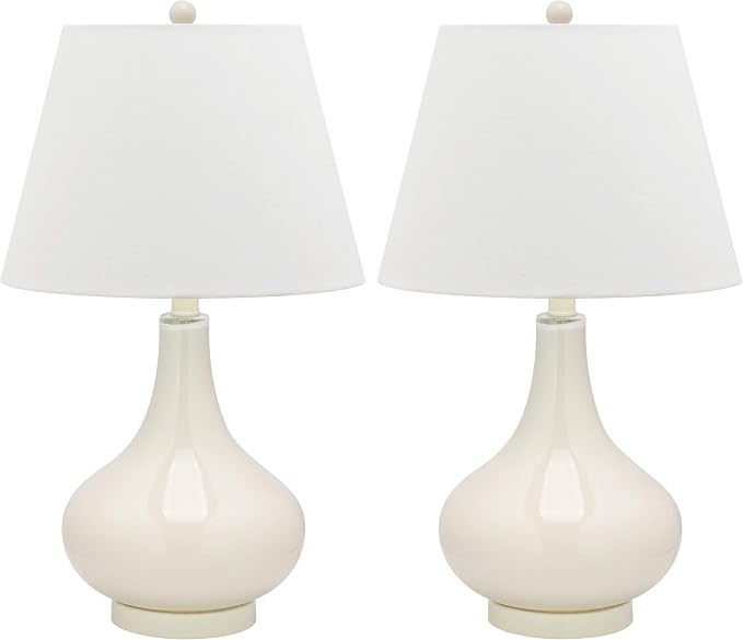 SAFAVIEH Lighting – Amy 24″ White Glass Gourd Table Lamp Set of 2 with White Shades, Modern Contemporary Bedroom Living Room Lighting, LED Bulbs Included (LIT4087A-SET2)