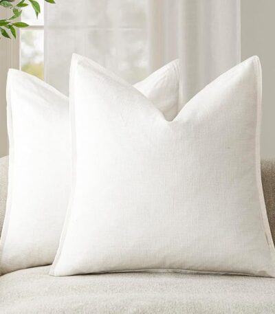 Foindtower Pack of 2, Decorative Linen Soild Throw Pillow Covers Soft Accent Cushion Case Boho Farmhouse Neutral Pillowcase for Chair Couch Sofa Bedroom Living Room Home Decor 26 x 26 Inch Cream White
