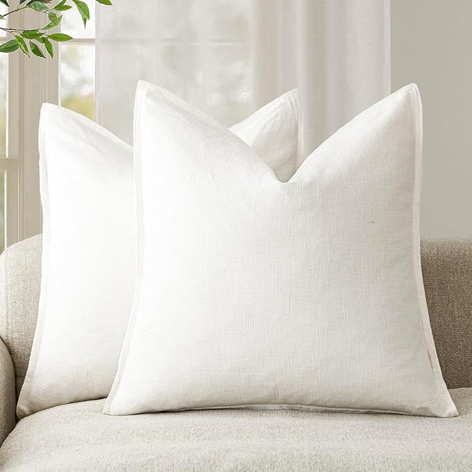 Foindtower Pack of 2, Decorative Linen Soild Throw Pillow Covers Soft Accent Cushion Case Boho Farmhouse Neutral Pillowcase for Chair Couch Sofa Bedroom Living Room Home Decor 26 x 26 Inch Cream White
