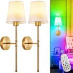 Depuley Battery Operated Wall Sconce: Set of 2 Wireless Wall Lights with 10000mAh Dimmable Bulbs and Remote for Bedroom – Rechargeable 15 Colors Gold Wall Lamp for Living Room Hallway