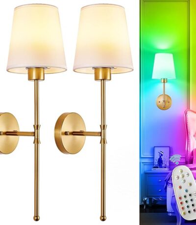 Depuley Battery Operated Wall Sconce: Set of 2 Wireless Wall Lights with 10000mAh Dimmable Bulbs and Remote for Bedroom – Rechargeable 15 Colors Gold Wall Lamp for Living Room Hallway