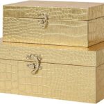 Set of 2 Wooden Decorative Nesting Storage Boxes, Gold Crocodile Leather with Clasp for Home Kitchen Living Room, Ideal Gift for Wedding Memories Jewelry Trinket
