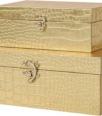 Set of 2 Wooden Decorative Nesting Storage Boxes, Gold Crocodile Leather with Clasp for Home Kitchen Living Room, Ideal Gift for Wedding Memories Jewelry Trinket