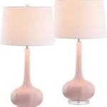 JONATHAN Y Bette Glass Teardrop Table Lamp 28.5″, Pink, Set of 2 | Metal, White Linen Drum Shade, Modern Transitional Nightstand Lighting, Rotary Switch, Silk Wrapped Cord, LED Bulbs Included