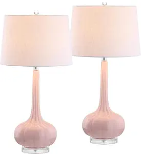 JONATHAN Y Bette Glass Teardrop Table Lamp 28.5″, Pink, Set of 2 | Metal, White Linen Drum Shade, Modern Transitional Nightstand Lighting, Rotary Switch, Silk Wrapped Cord, LED Bulbs Included
