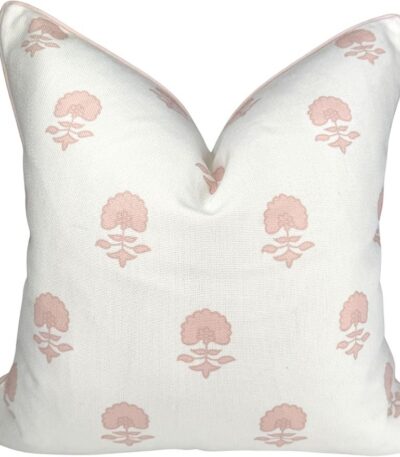 “The Lauderdale” Floral Block Print Pillow Cover – Blush Pink and Off-White Decorative Throw Pillow Cover – Grandmillennial Home Decor, 20″ x 20″