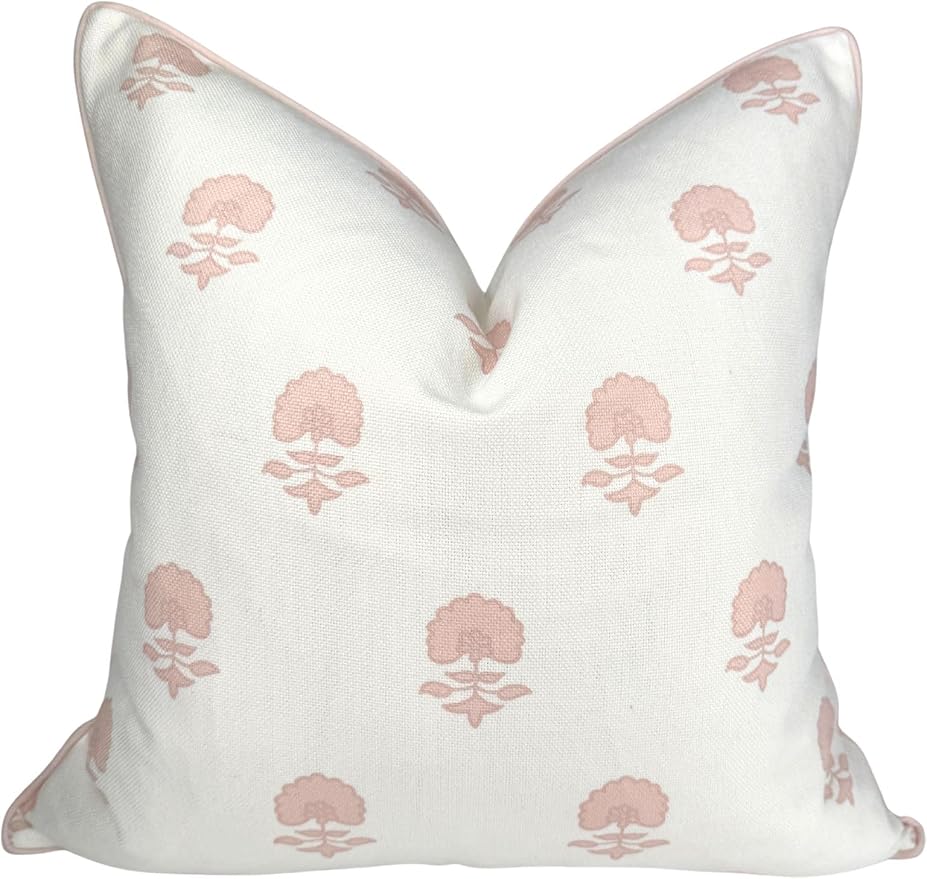 Pink Green Block Print Pillow Covers 18×18 Inch Set of 2 Vintage Floral Decorative Pillow Cases Boho Outdoor Linen Square Cushion Cover Rustic Farmhouse Decor for Bedroom Home Sofa Couch Bed