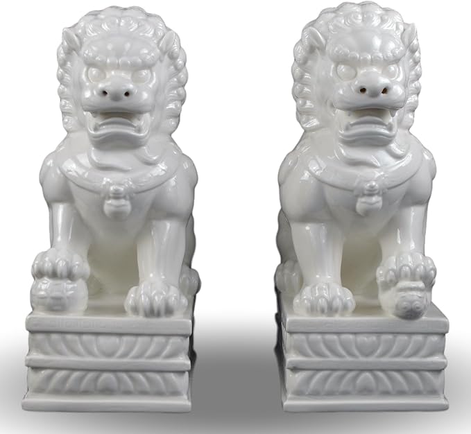 Click to see full view  13″ Dehua Porcelain Fu Dog Pair Feng Shui Statues