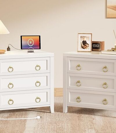 Huuger Paint Night Stand with Charger Station, 3 Drawer Nightstand Set of 2 | Larger Wider Bedside Table with USB-C Port, Modern End Table, for Bedroom, Living Room, White Nightstand
