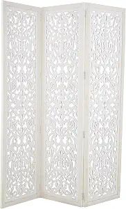 Deco 79 Wooden Floral Handmade Foldable Partition 3 Panel Room Divider Screen with Carved Design, 60″ x 1″ x 69″, White