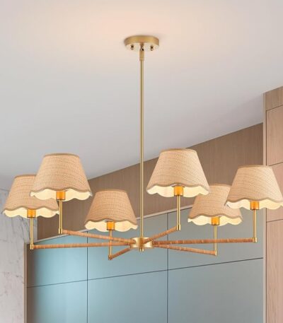 39” Boho Rattan Chandelier 6-Lights Rustic Industrial Pendant Light Large Adjustable Pendant Lighting Fixtures for Kitchen Island Dining Living Room, UL Listed