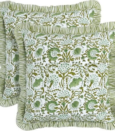 CPC Block Print Ruffle Throw Cover Agate Green 24″x24″ Inch Pack of 2-100% Cotton Ruffle Couch Decorative Boho Pillows Case for Living Room, Bedroom, Sofa, Farmhouse Gift for Spring, Mother’s Day