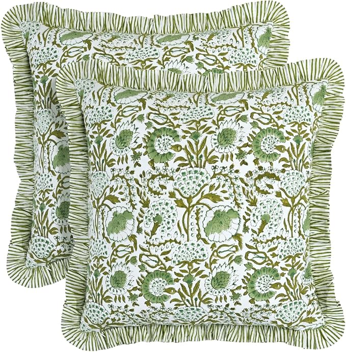 CPC Block Print Ruffle Throw Cover Agate Green 24″x24″ Inch Pack of 2-100% Cotton Ruffle Couch Decorative Boho Pillows Case for Living Room, Bedroom, Sofa, Farmhouse Gift for Spring, Mother’s Day