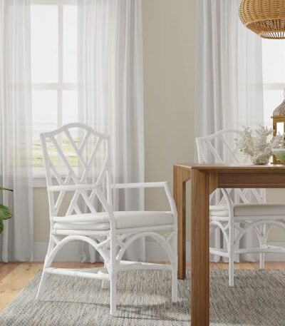 Kouboo Rattan Chippendale Upholstered Dining Armchair, White, Set of 2 Chairs
