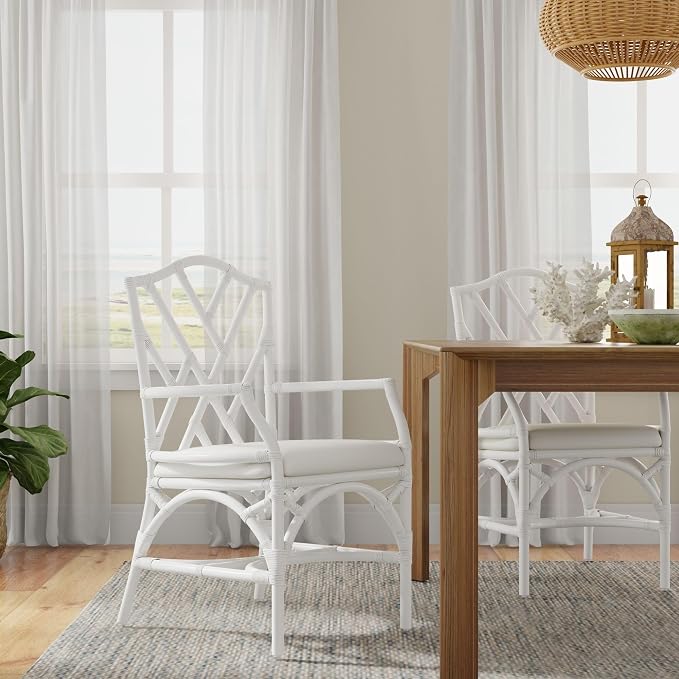 Kouboo Rattan Chippendale Upholstered Dining Armchair, White, Set of 2 Chairs