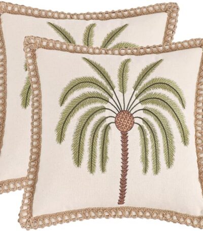 LUOYEHK Palm Tree Pillow Covers 18X18 Inch Set of 2 Tropical Plant Throw Pillow Covers with Jute Rope Summer Embroidered Pillowcase Square Decorative Cushion Covers for Couch Sofa Bed Home Decor