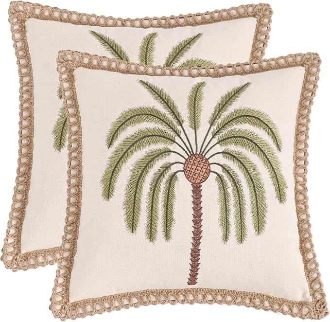 LUOYEHK Palm Tree Pillow Covers 18X18 Inch Set of 2 Tropical Plant Throw Pillow Covers with Jute Rope Summer Embroidered Pillowcase Square Decorative Cushion Covers for Couch Sofa Bed Home Decor