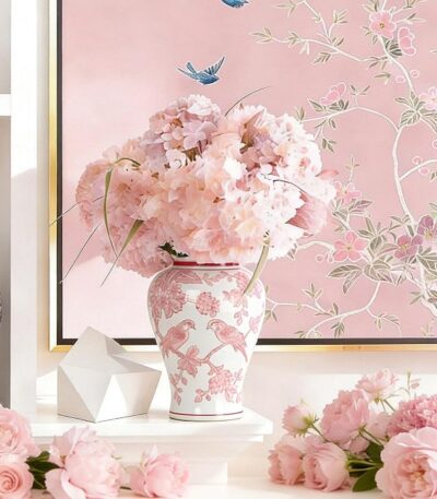 11″ Pink Ginger Jar with Lid Porcelain Stylized Songbirds Floral Temple Jar | Chinoiserie Decor, Statement Home Accent, Mantel & Tabletop Display, Grandmillennial Home Decor, Holiday Decor, Gift Ready