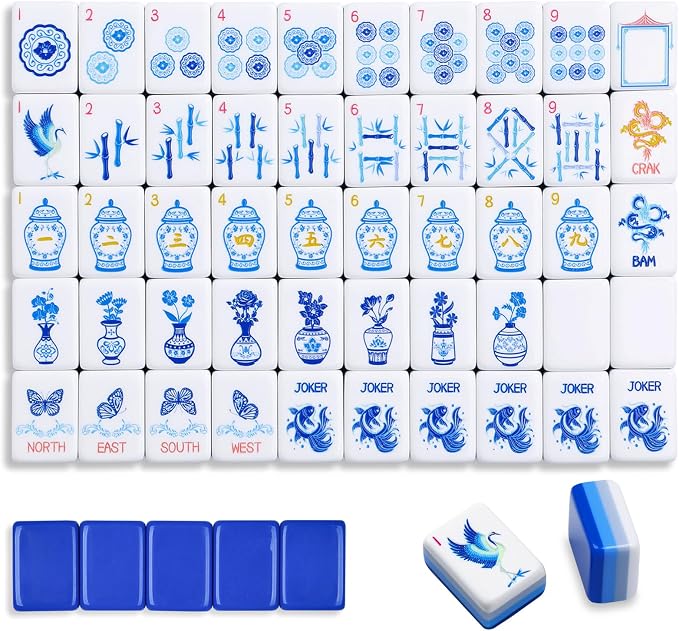 TIASUSAN American Mahjong Tile Set(4 Layer), 160 Blue Acrylic Engraved Tiles with Mahjong Tiles Bag and Mah-jongg Accessories