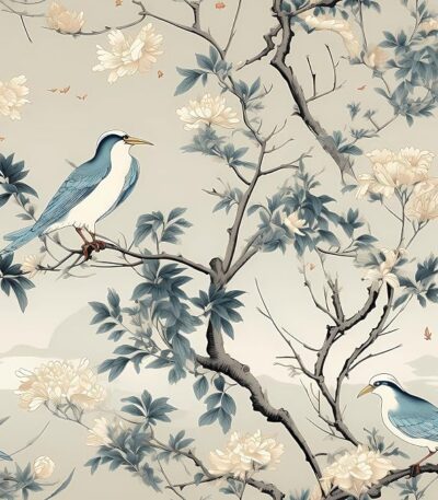 LACHEERY Vintage Blue Bird Wallpaper Floral Peel and Stick Wallpaper Birds Vintage Blue Bird Contact Paper Floral Wall Paper Chinoiserie Tree Branch Beige Flower for Bathroom Walls Cabinets 17.5″x79″